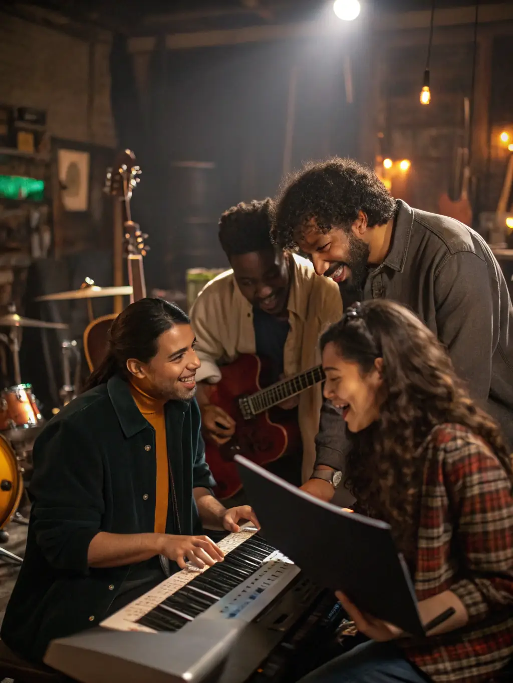 A picture of a cultural exchange program organized by ASSOC HEY JOE ROCK, showing musicians from different countries collaborating on a project.