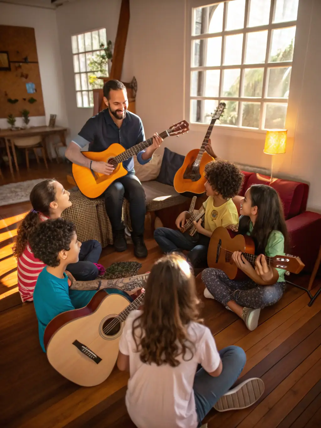 A photo of a group of young musicians participating in a music workshop led by experienced instructors, showcasing ASSOC HEY JOE ROCK's commitment to music education.