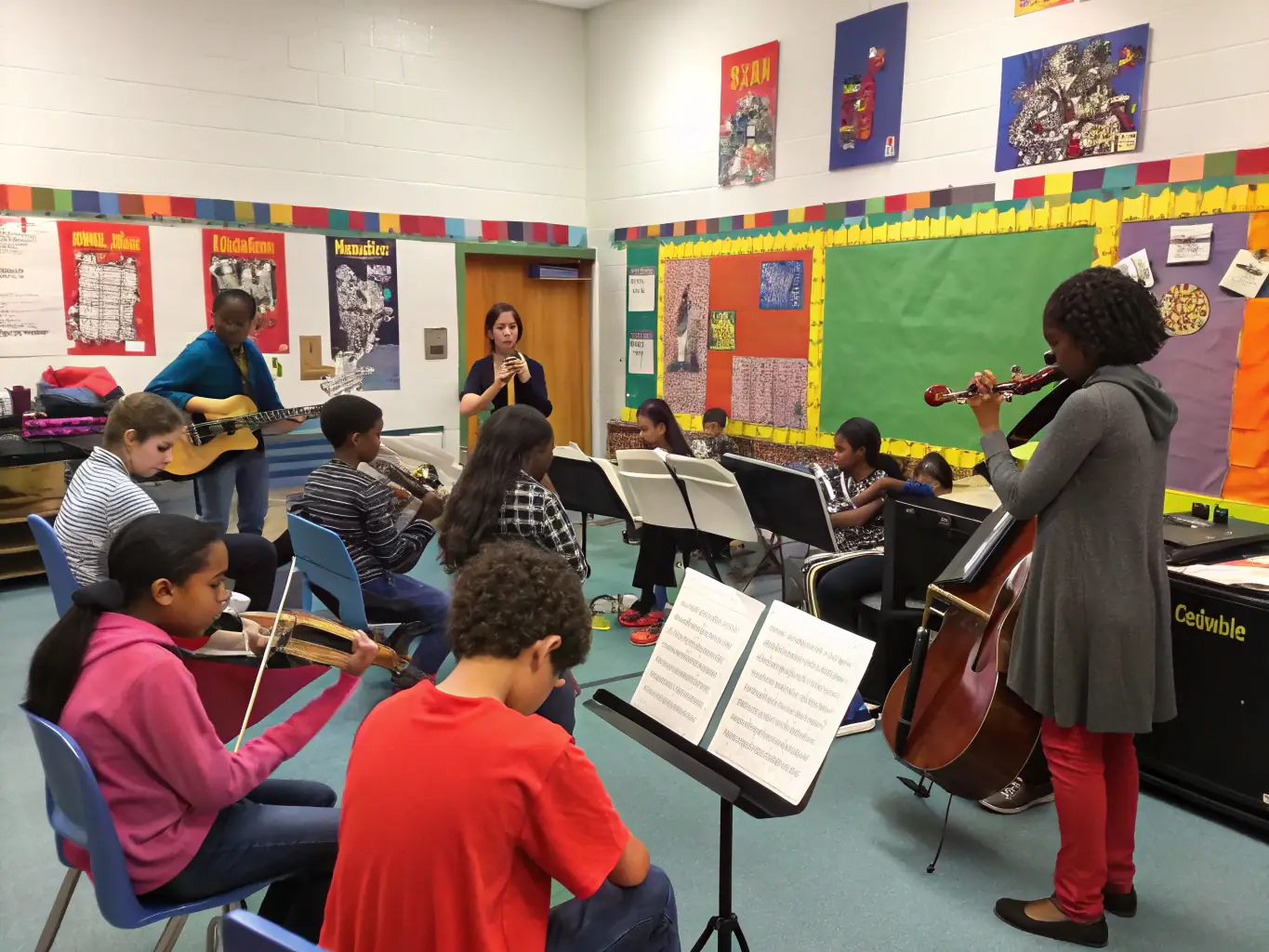 A vibrant photograph capturing a community music workshop organized by ASSOC HEY JOE ROCK, showing diverse participants of all ages engaged in learning and playing musical instruments together, set in a local community center.