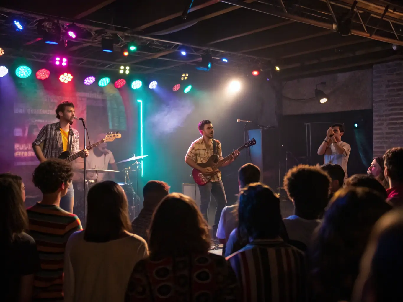A dynamic image of a live concert supported by ASSOC HEY JOE ROCK, featuring local musicians performing on stage in front of an enthusiastic audience, highlighting the energy and community spirit of the event.
