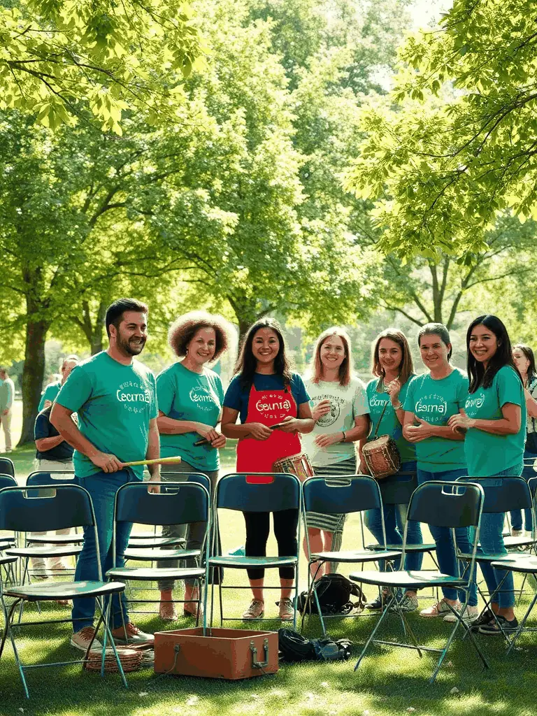 A photo of volunteers setting up for a community concert in a public park, demonstrating ASSOC HEY JOE ROCK's dedication to bringing music to accessible spaces.