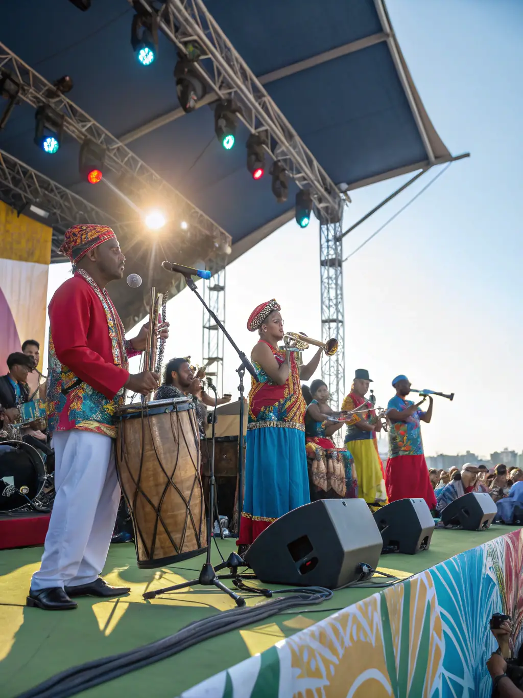A photo capturing a cultural exchange event, showing musicians from different countries collaborating and performing together, highlighting ASSOC HEY JOE ROCK's international initiatives.