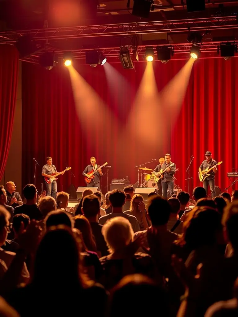 A vibrant image of a live music performance at a local venue supported by ASSOC HEY JOE ROCK, showcasing musicians on stage and an enthusiastic audience.