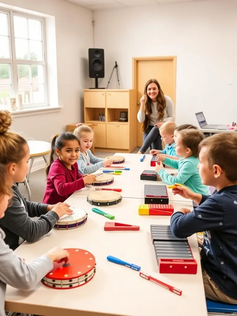 A photo of a music workshop organized by ASSOC HEY JOE ROCK, featuring participants of different ages learning to play instruments.